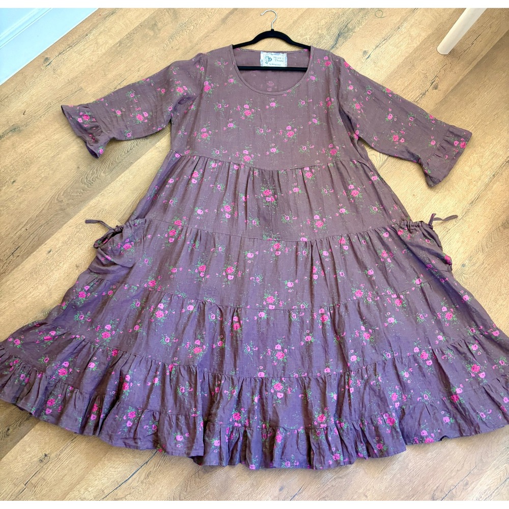 Heart's Desire Linen Floral Tiered Dress XXL Brown Cottagecore Lagenlook Boho - Picture 7 of 9